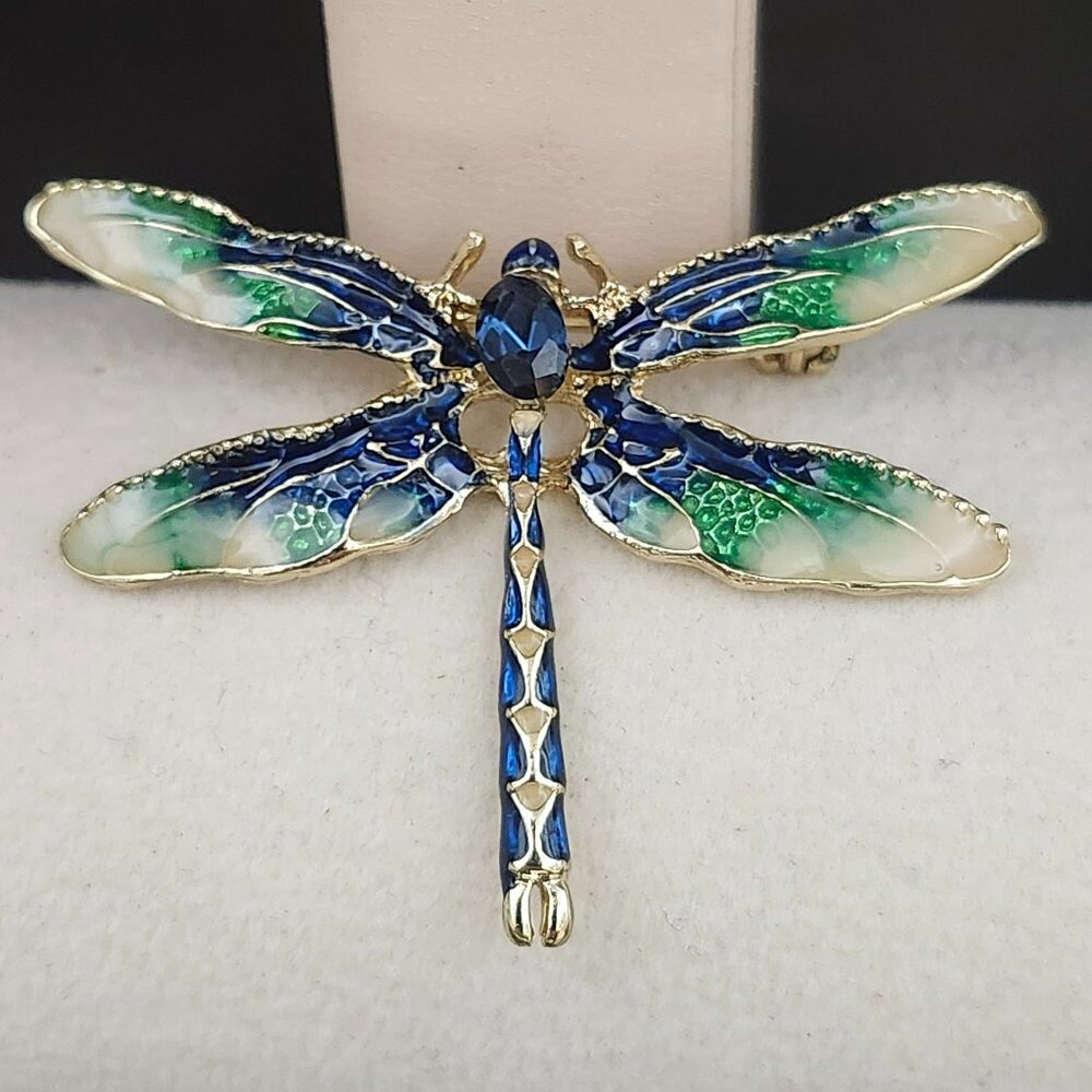 Vintage Betsey Johnson Dragonfly Pin Brooch Blue Stone Enamel Gold Tone NOS